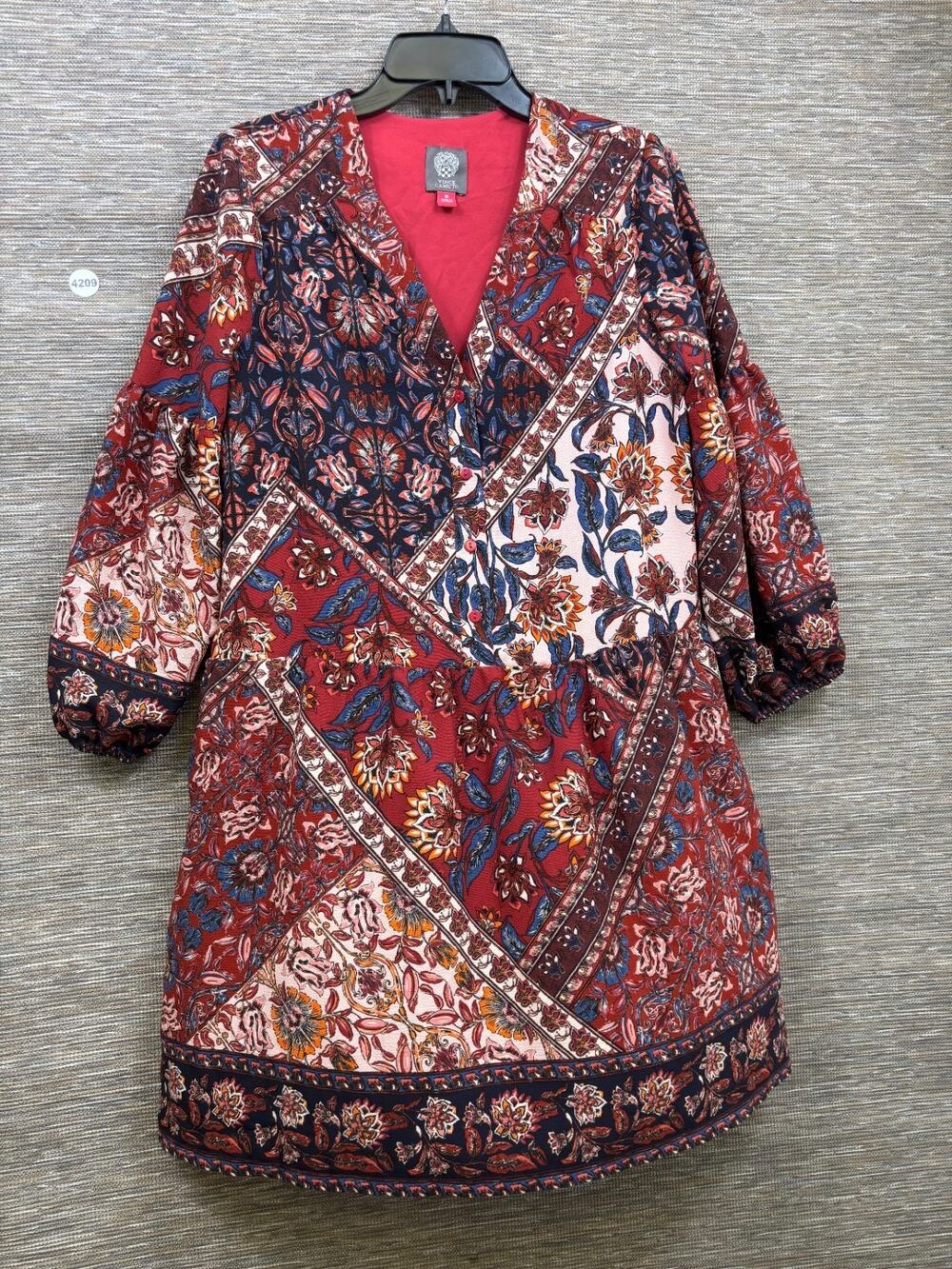 Vince Camuto Shift Dress Womens Size 10 Floral Red V-Neck 3/4 Sleeve Casual
